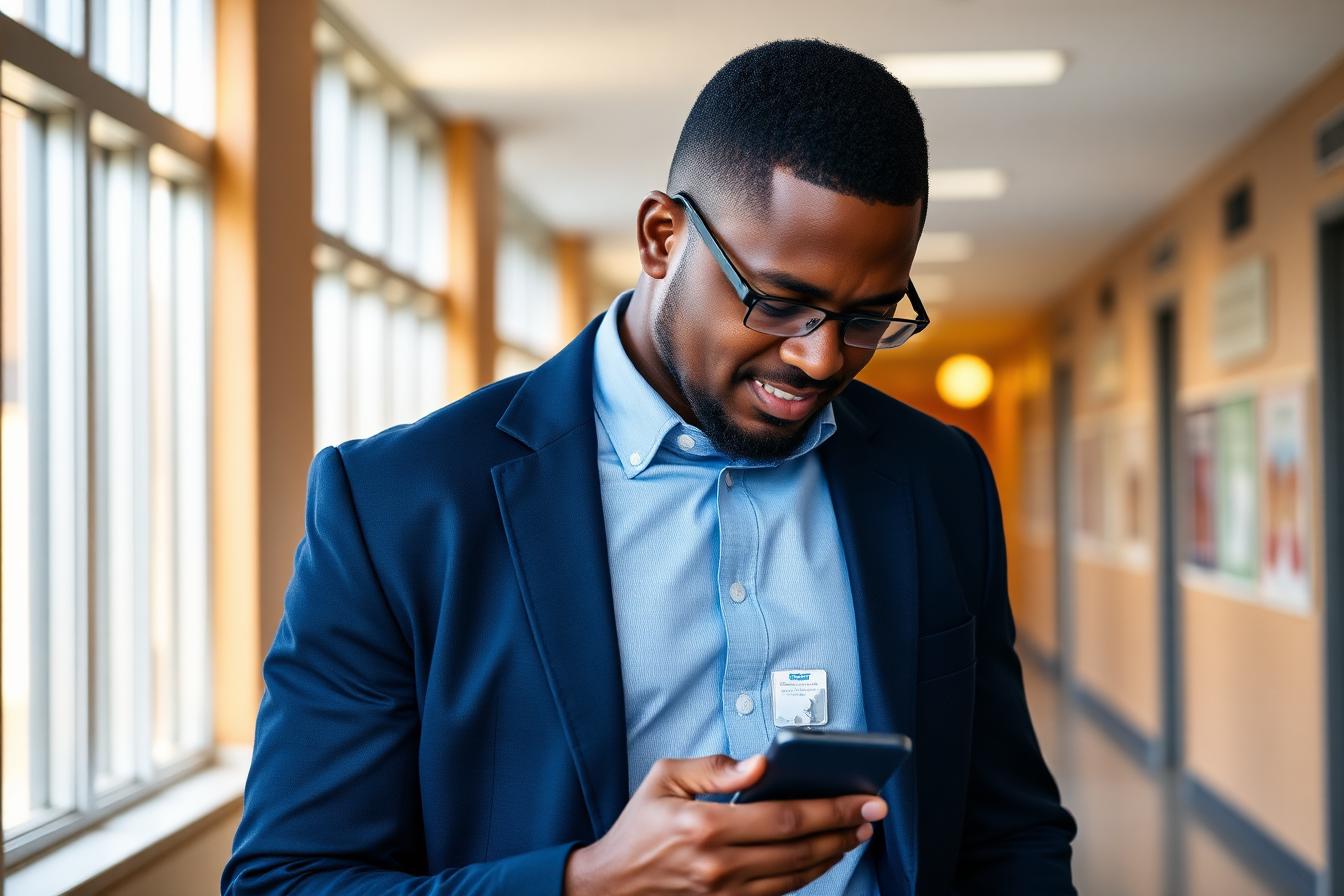 A Black school leader in a navy blazer and light blue shirt, wearing an ID badge and looking at his phone while walking through a warmly lit school hallway.